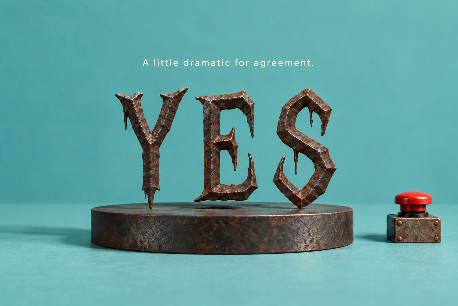 YES on a rusted podium in the Gothic Rust Font The word YES in the Gothic Rust Font standing on a rusted podium against a teal background