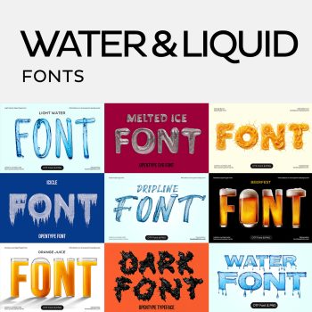 Water and Liquid Fonts collection cover with water, melted ice, beer and juice alphabets spelling the word FONT