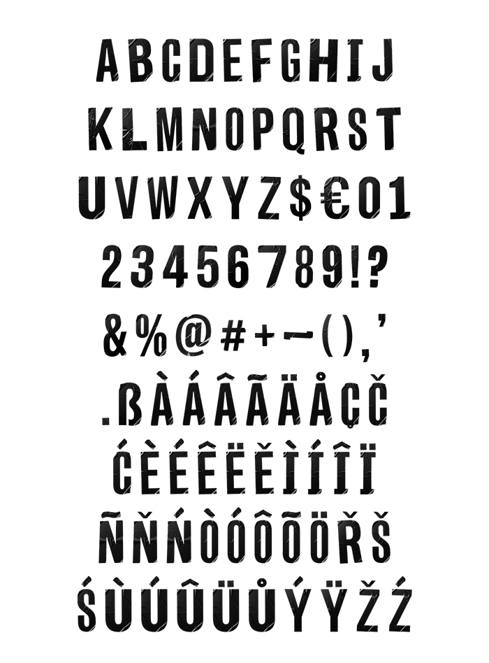 Full character set of the Noir Sticker Font with capitals, figures, punctuation and accented letters