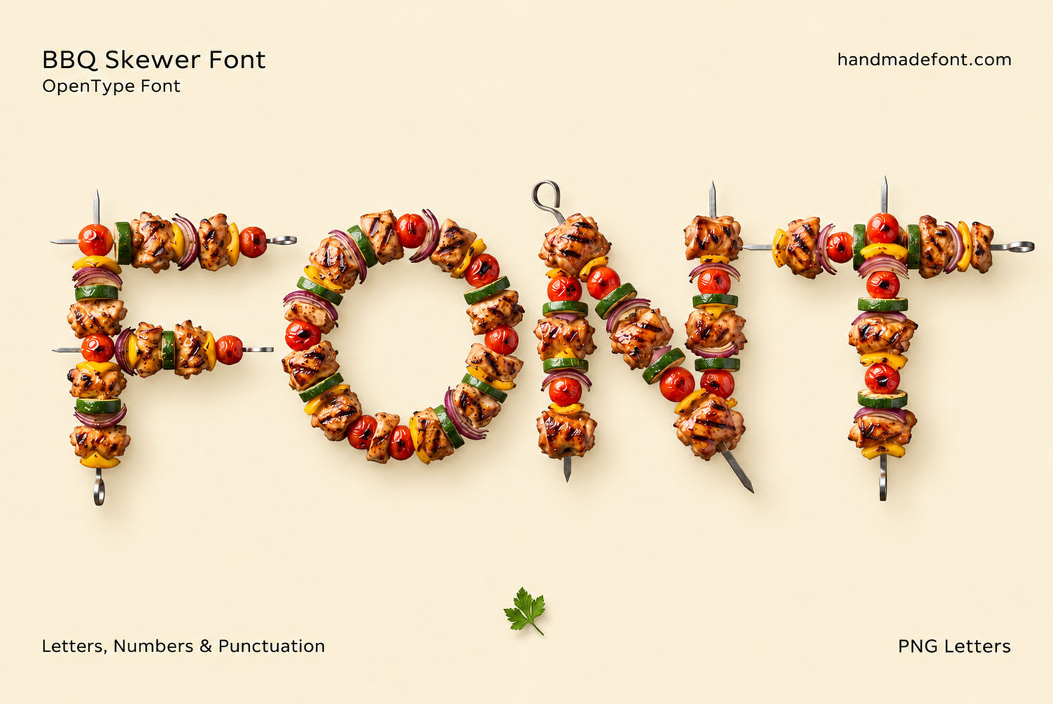 BBQ Skewer Font Cover Preview The word FONT set in the BBQ Skewer Font on a cream background