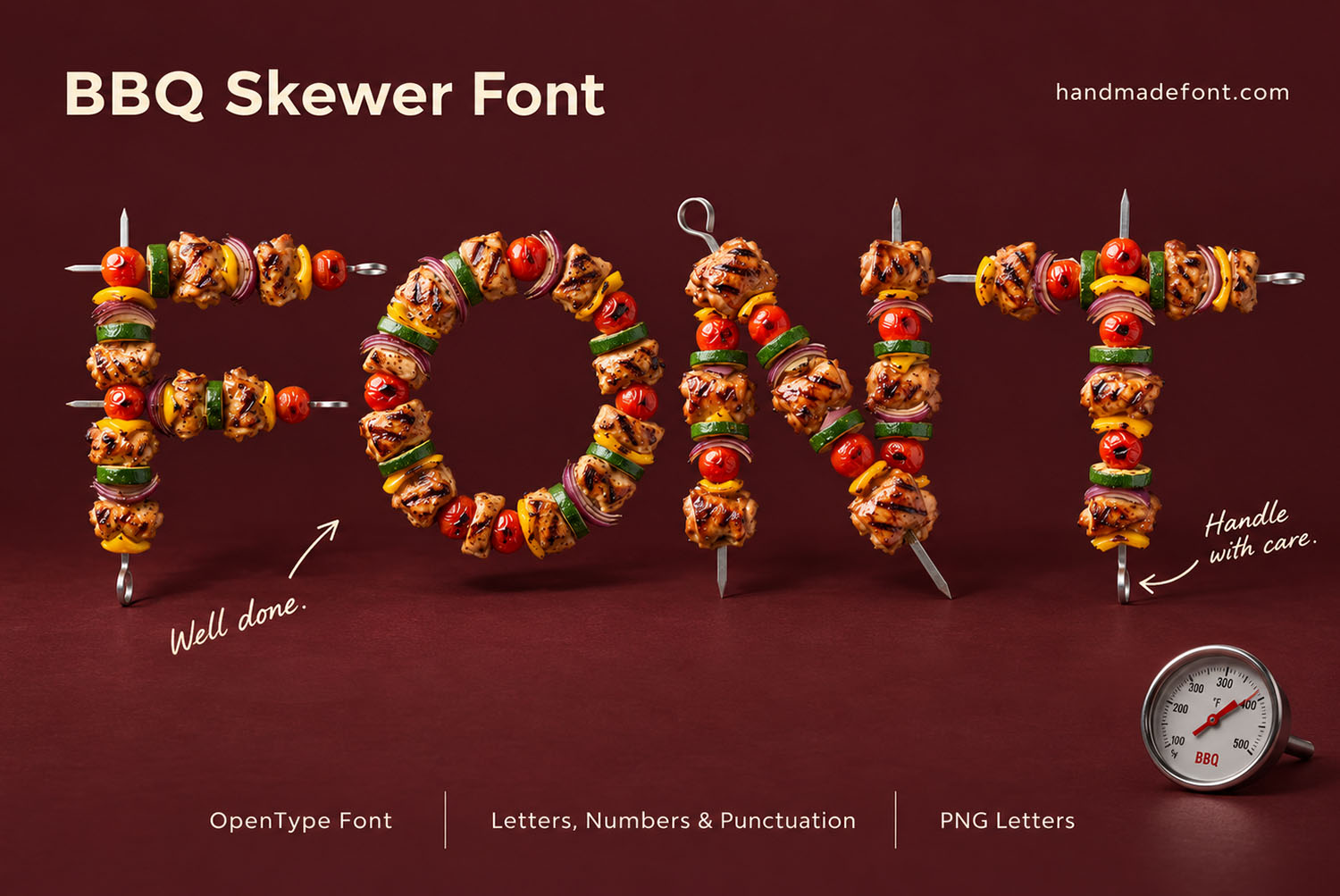 BBQ Skewer Font Cover Card Cover card for the BBQ Skewer Font with FONT written on a deep red background