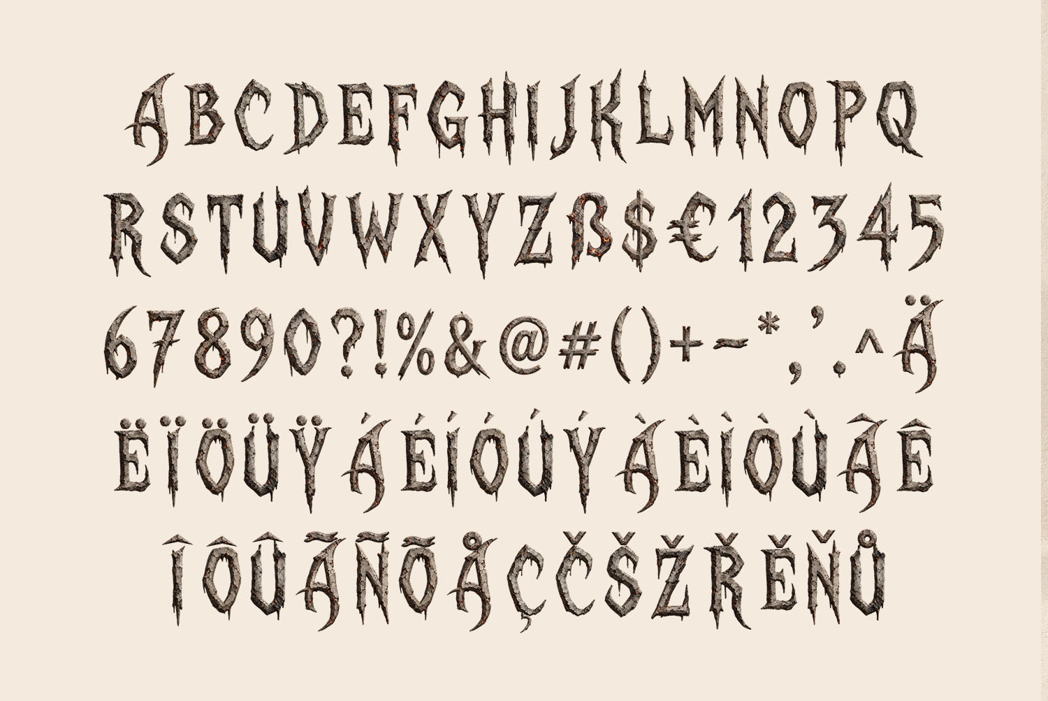 Burnt Relics Font alphabet on cream Burnt Relics Font alphabet, numbers and accented capitals on a cream background