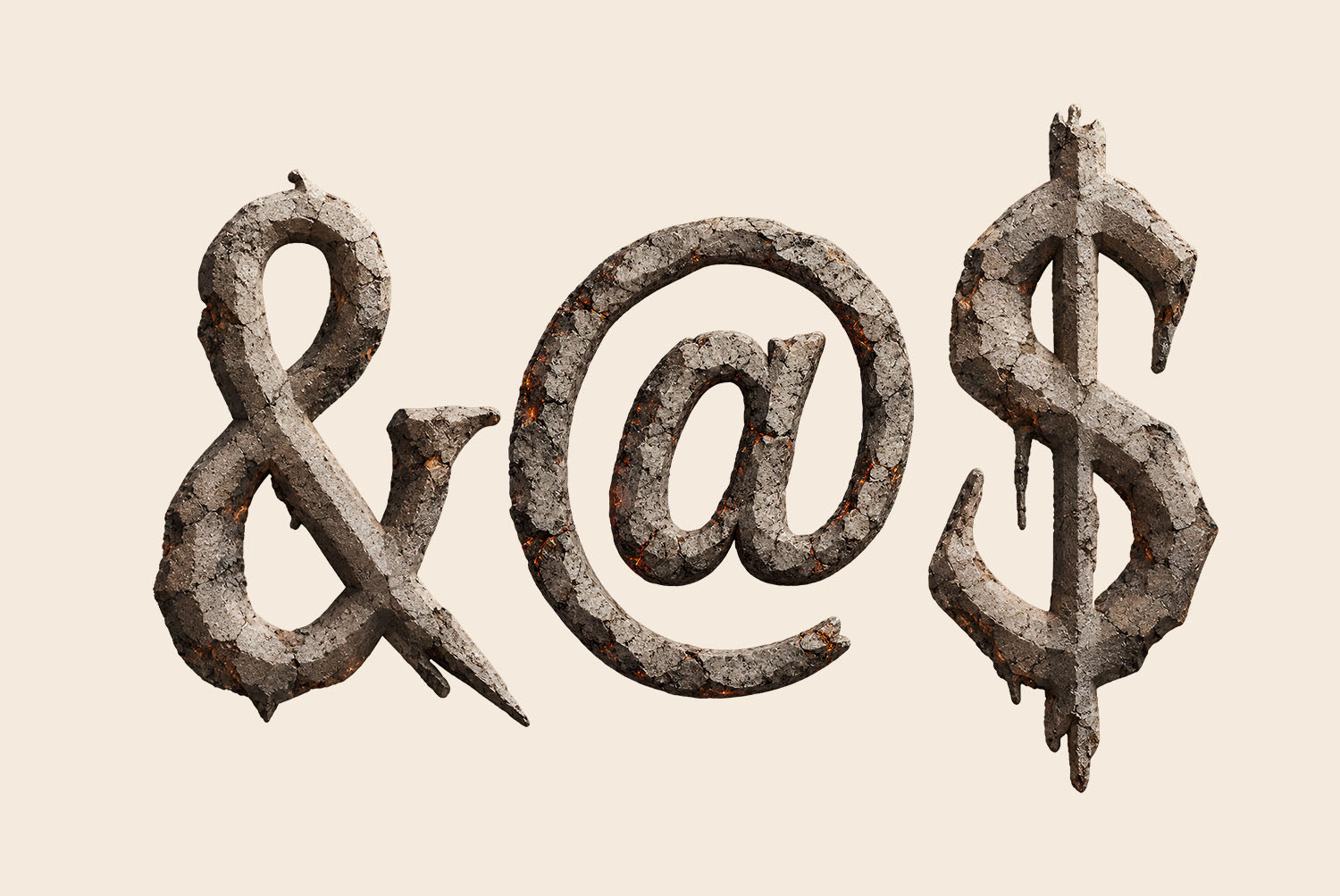 Burnt Relics Font ampersand, at and dollar Ampersand, at sign and dollar sign from the Burnt Relics Font in cracked grey ash