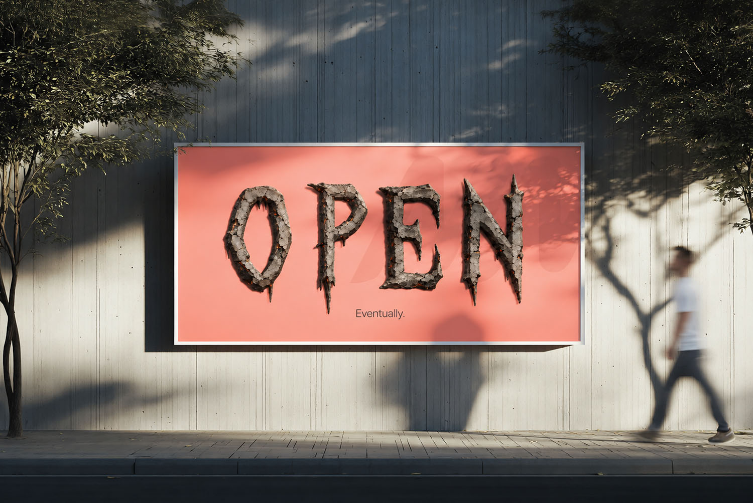 Burnt Relics Font OPEN billboard OPEN in the Burnt Relics Font on a coral street billboard with a passer-by