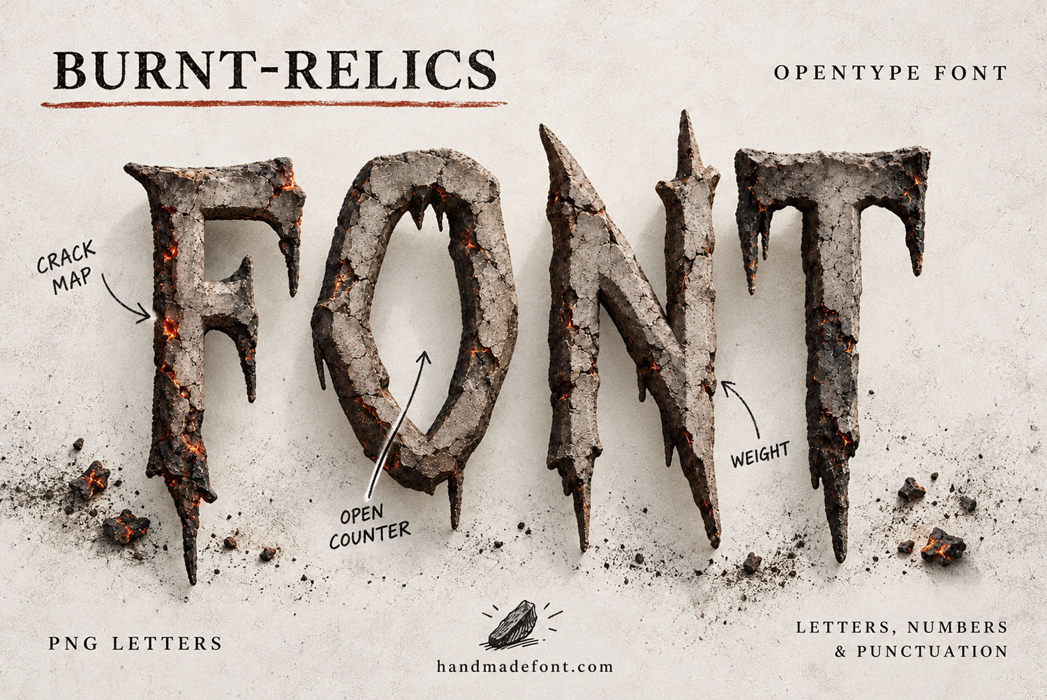 Burnt Relics Font annotated cover Burnt Relics Font cover with notes pointing at the crack map, open counter and weight