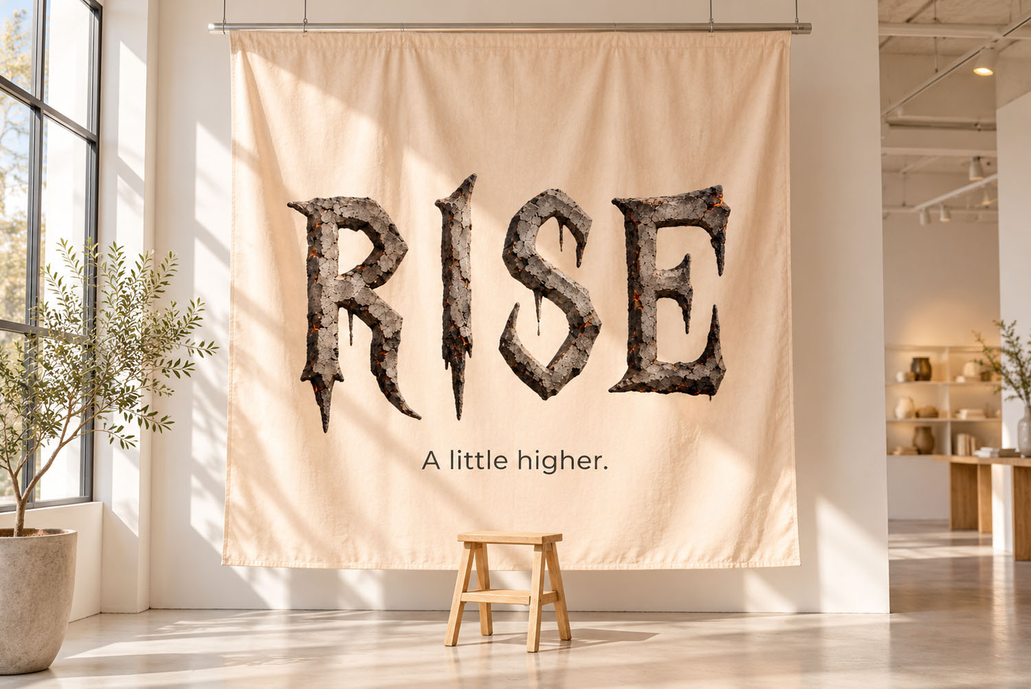 Burnt Relics Font RISE banner RISE in the Burnt Relics Font on a hanging cloth banner in a bright studio