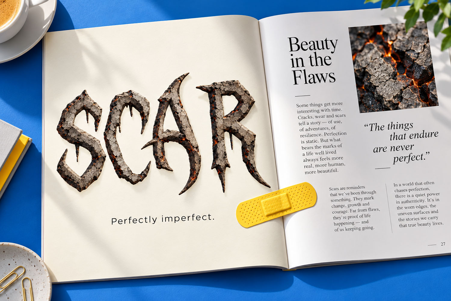Burnt Relics Font SCAR magazine spread SCAR in the Burnt Relics Font across a magazine spread with a yellow plaster