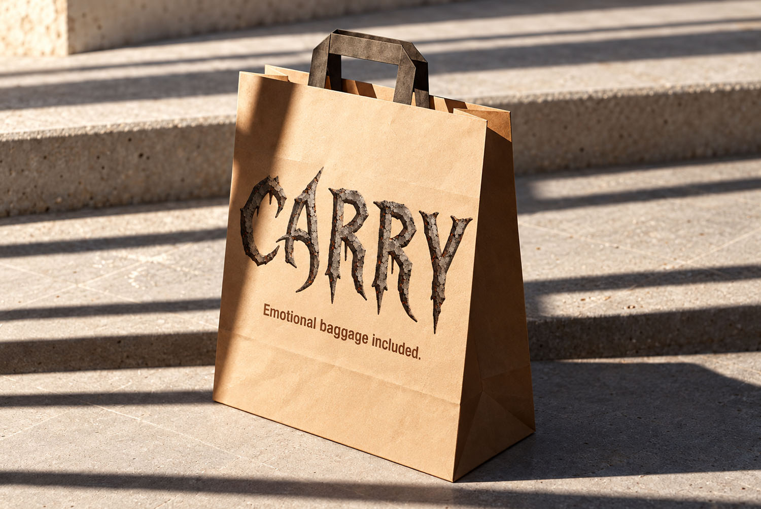 Burnt Relics Font CARRY paper bag CARRY printed in the Burnt Relics Font on a kraft paper shopping bag
