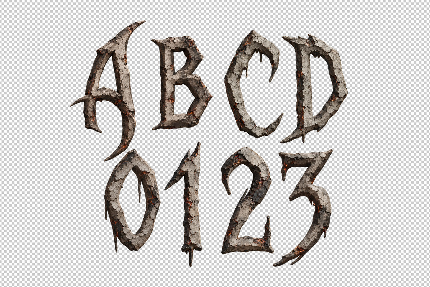 Burnt Relics Font PNG letters Transparent PNG letters ABCD and figures 0123 from the Burnt Relics Font