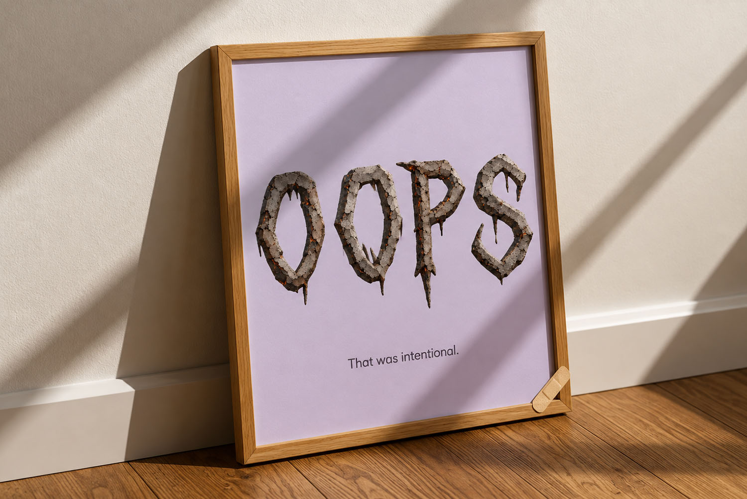 Burnt Relics Font OOPS framed poster OOPS in the Burnt Relics Font on a lilac framed poster leaning against a wall