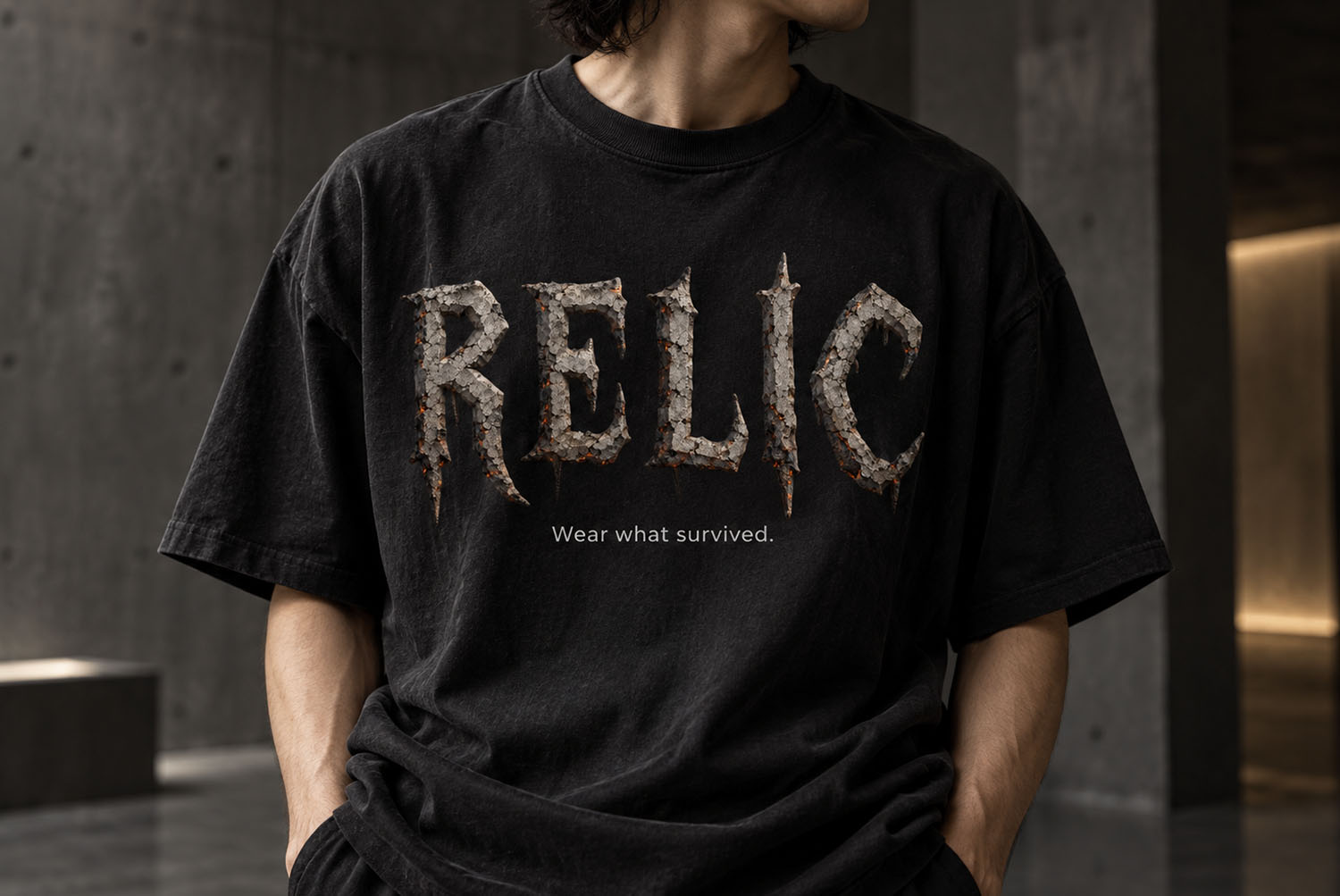 Burnt Relics Font RELIC black t-shirt RELIC in the Burnt Relics Font printed on a black t-shirt