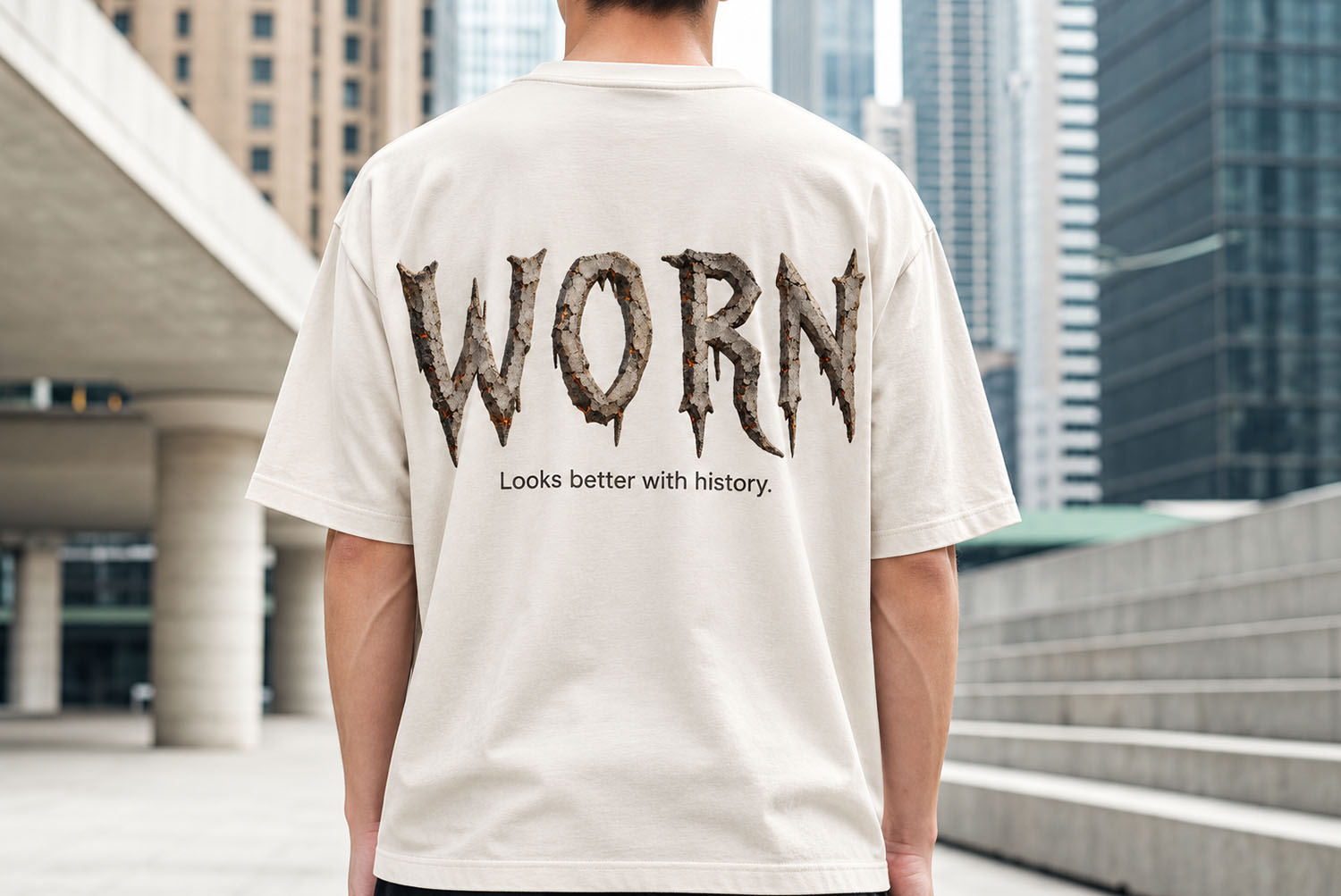 Burnt Relics Font WORN white t-shirt WORN in the Burnt Relics Font on the back of a white t-shirt