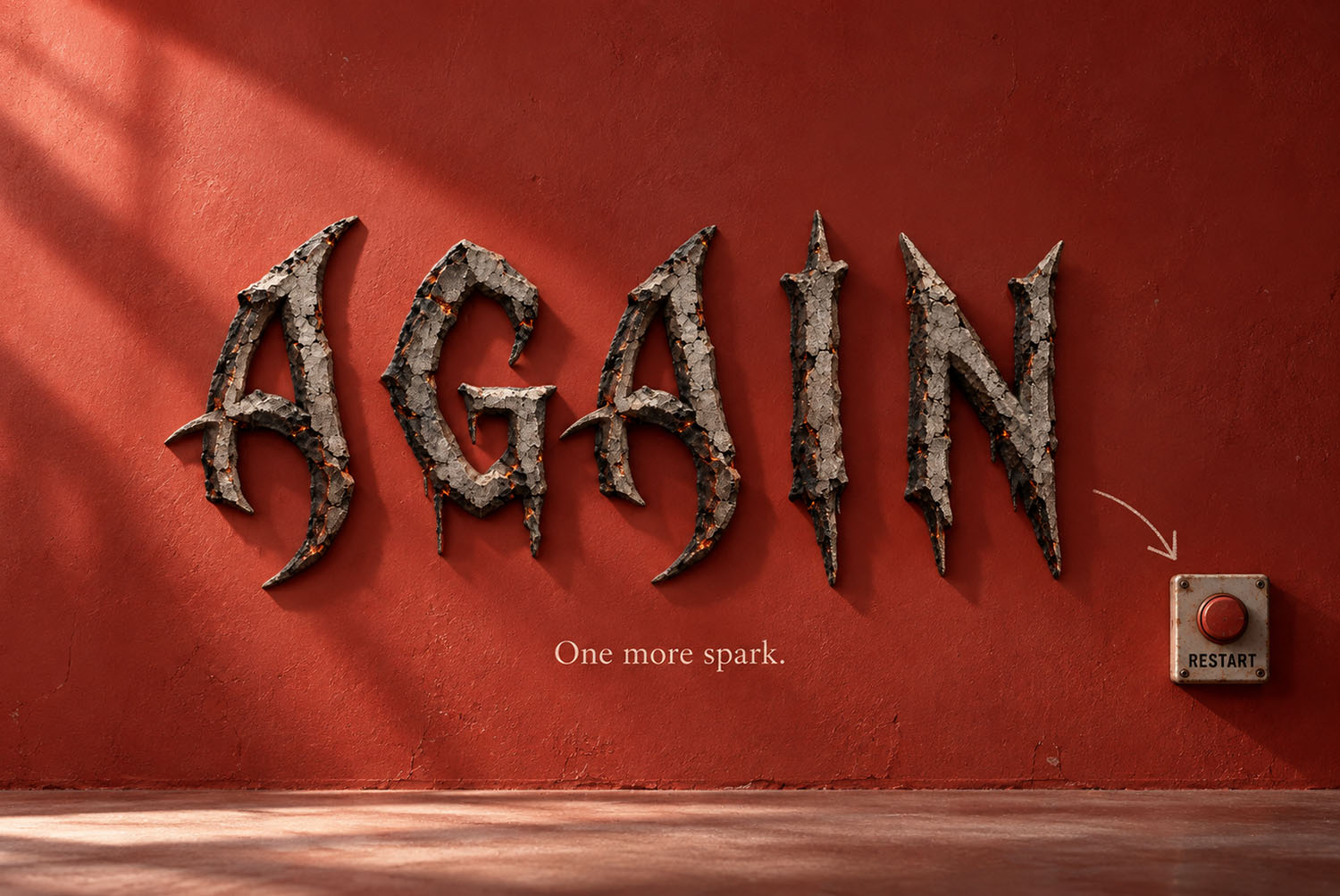 Burnt Relics Font AGAIN on a red wall AGAIN in the Burnt Relics Font on a red wall beside a small restart button