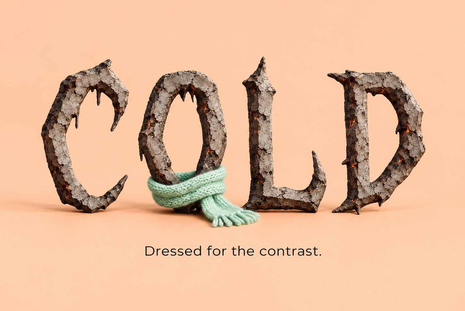 Burnt Relics Font COLD with a scarf COLD in the Burnt Relics Font with a mint knitted scarf wrapped around the O