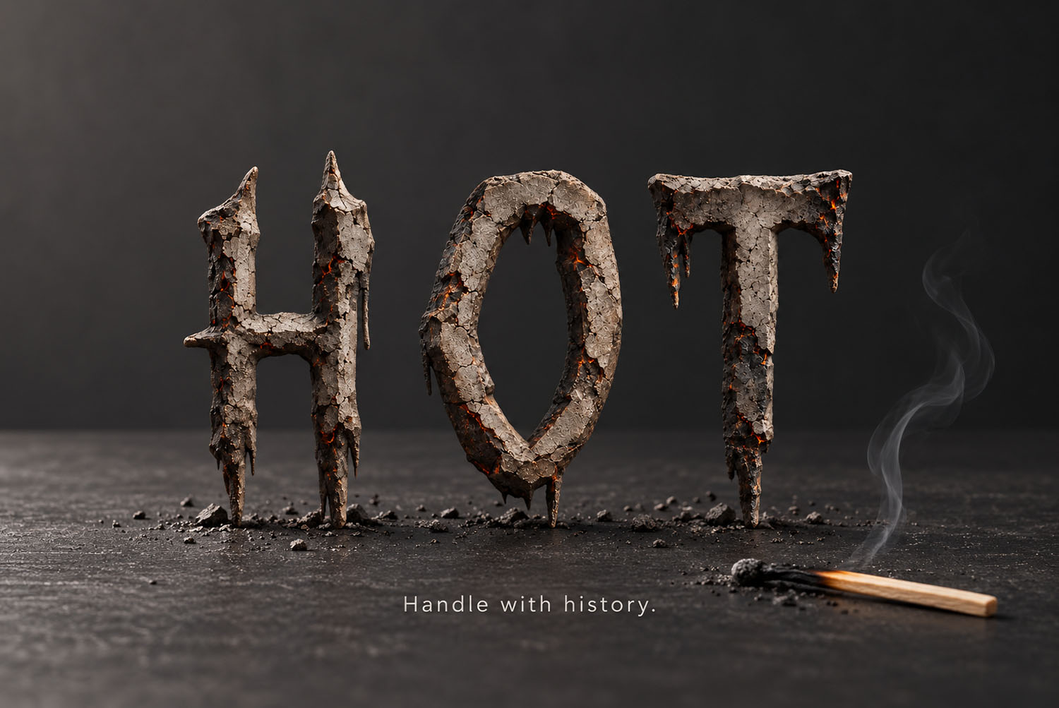 Burnt Relics Font HOT with a match HOT in the Burnt Relics Font on dark ground beside a smoking match