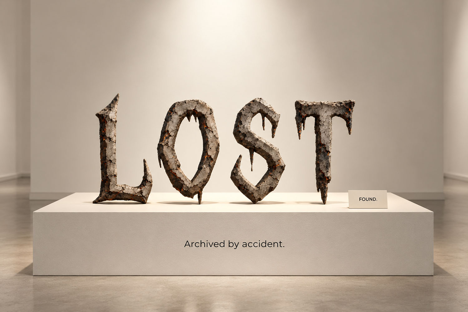 Burnt Relics Font LOST on a plinth LOST in the Burnt Relics Font standing on a white gallery plinth