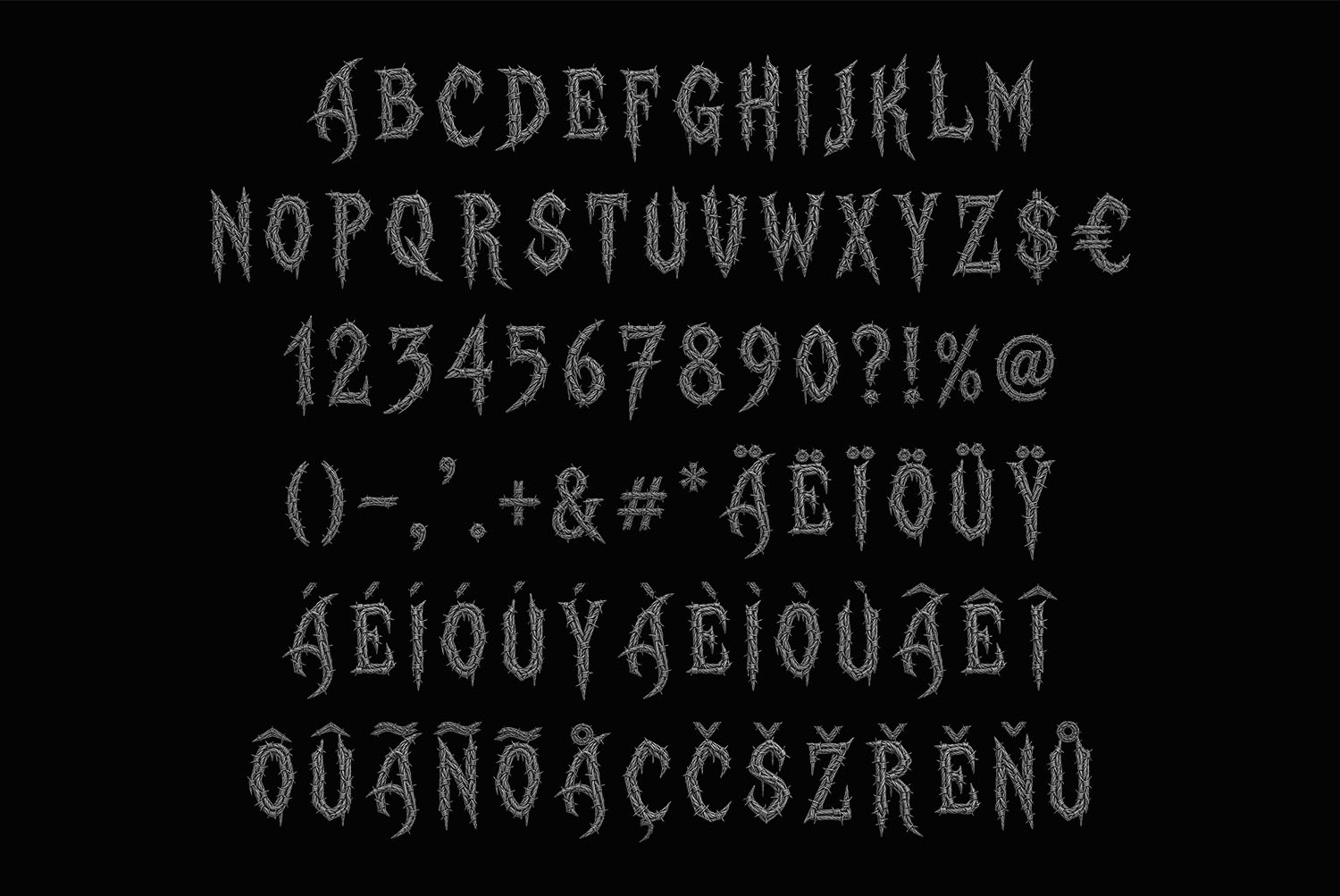 Gothic Barbed Wire Font Character Set on Black Gothic Barbed Wire Font character set on black, including the full accent row
