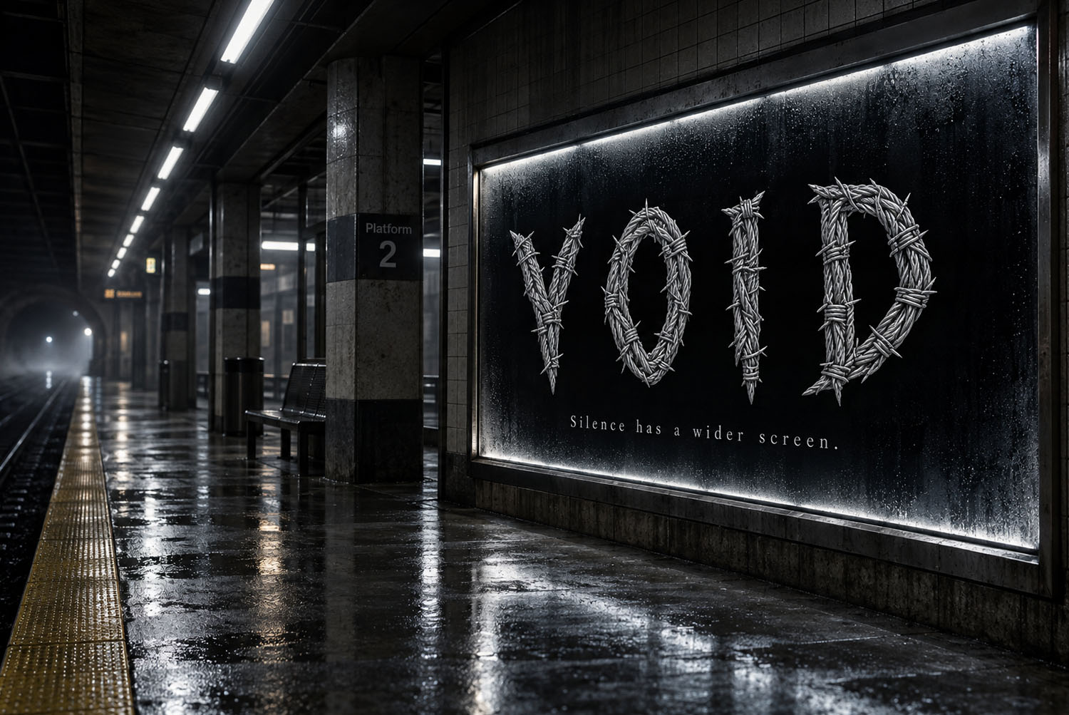 Gothic Barbed Wire Font Spelling VOID on a Metro Panel Gothic Barbed Wire Font spelling VOID on a lit panel beside a wet metro platform