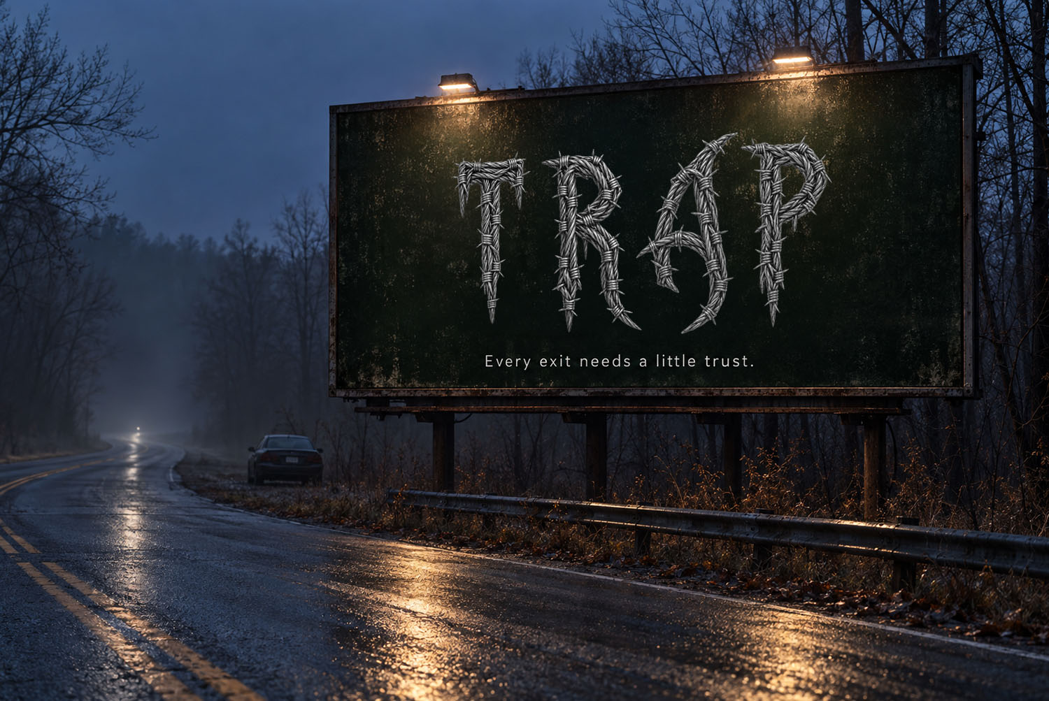 Gothic Barbed Wire Font Spelling TRAP on a Roadside Billboard Gothic Barbed Wire Font spelling TRAP on a billboard above a wet night road