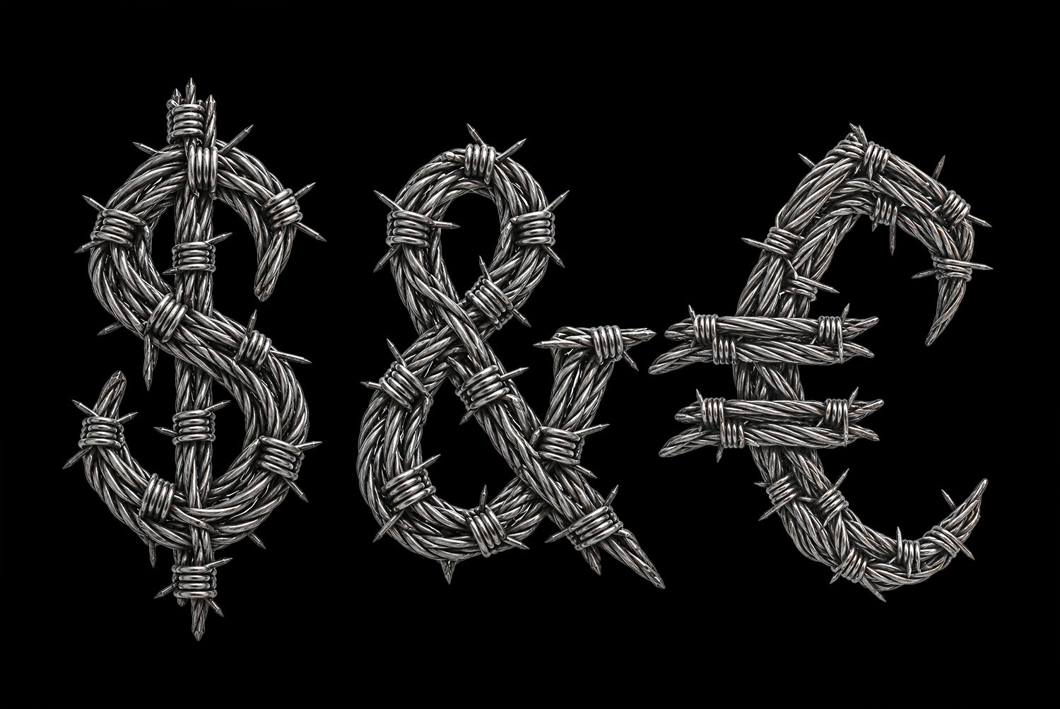 Gothic Barbed Wire Font Dollar, Ampersand and Euro Dollar sign, ampersand and euro sign of the Gothic Barbed Wire Font on black