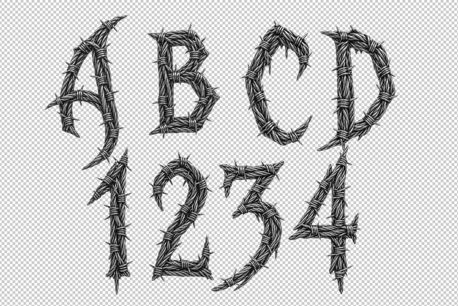 Gothic Barbed Wire Font Transparent PNG Letters Transparent PNG letters and numbers of the Gothic Barbed Wire Font on a checkerboard