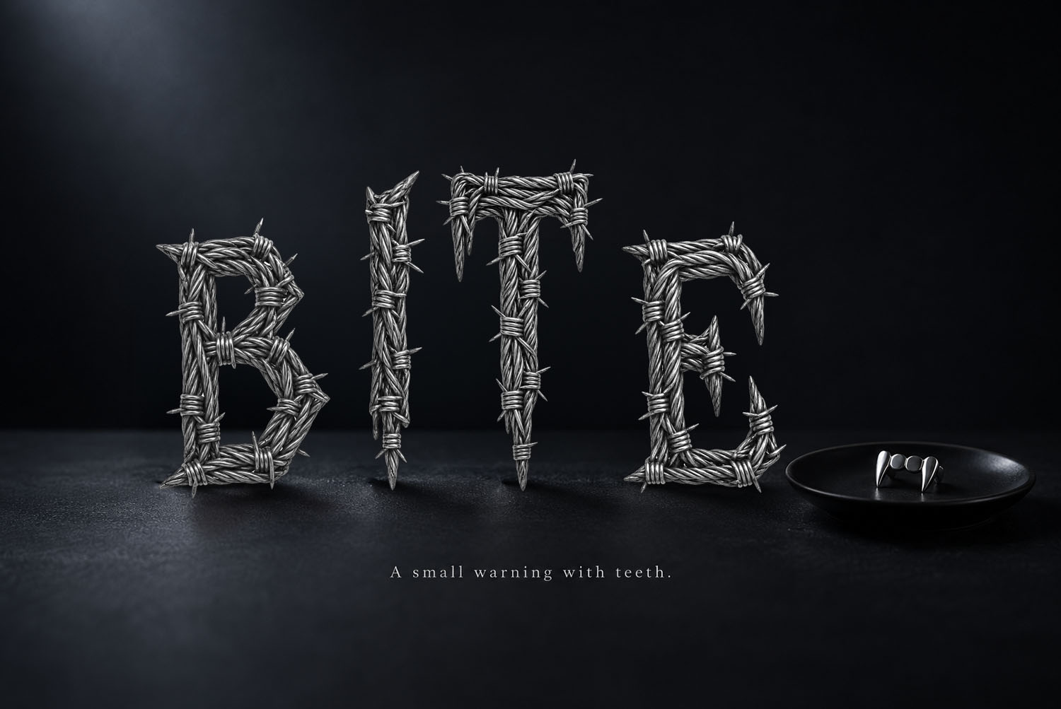 Gothic Barbed Wire Font Spelling BITE Gothic Barbed Wire Font spelling BITE on a dark surface beside a razor blade