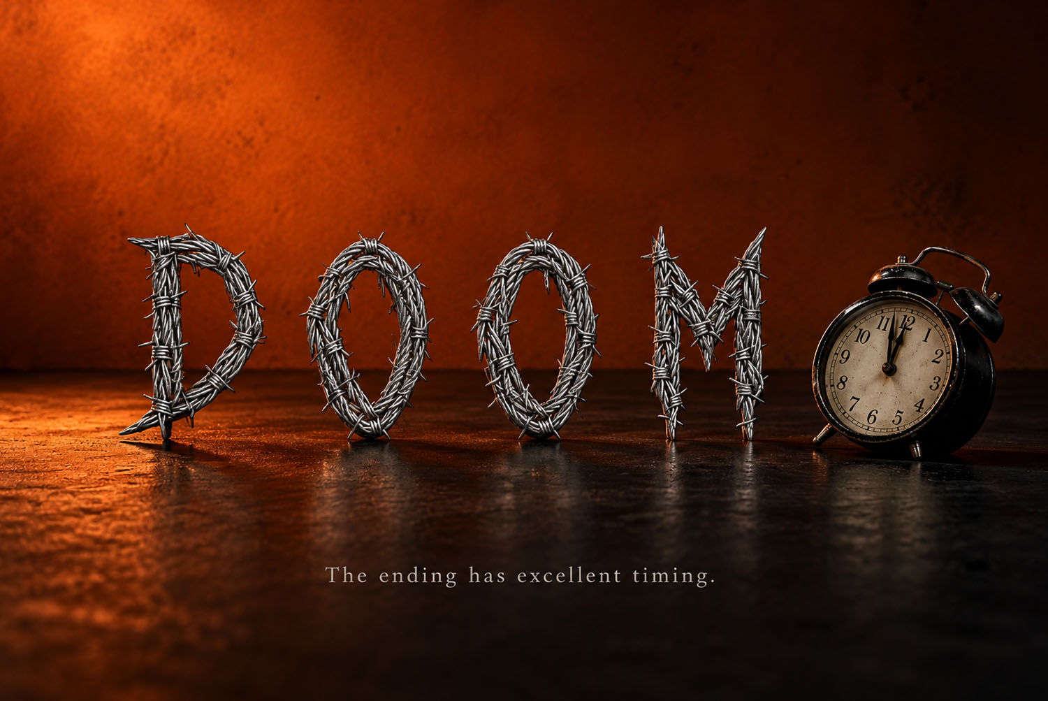 Gothic Barbed Wire Font Spelling DOOM Gothic Barbed Wire Font spelling DOOM against an orange wall beside an alarm clock