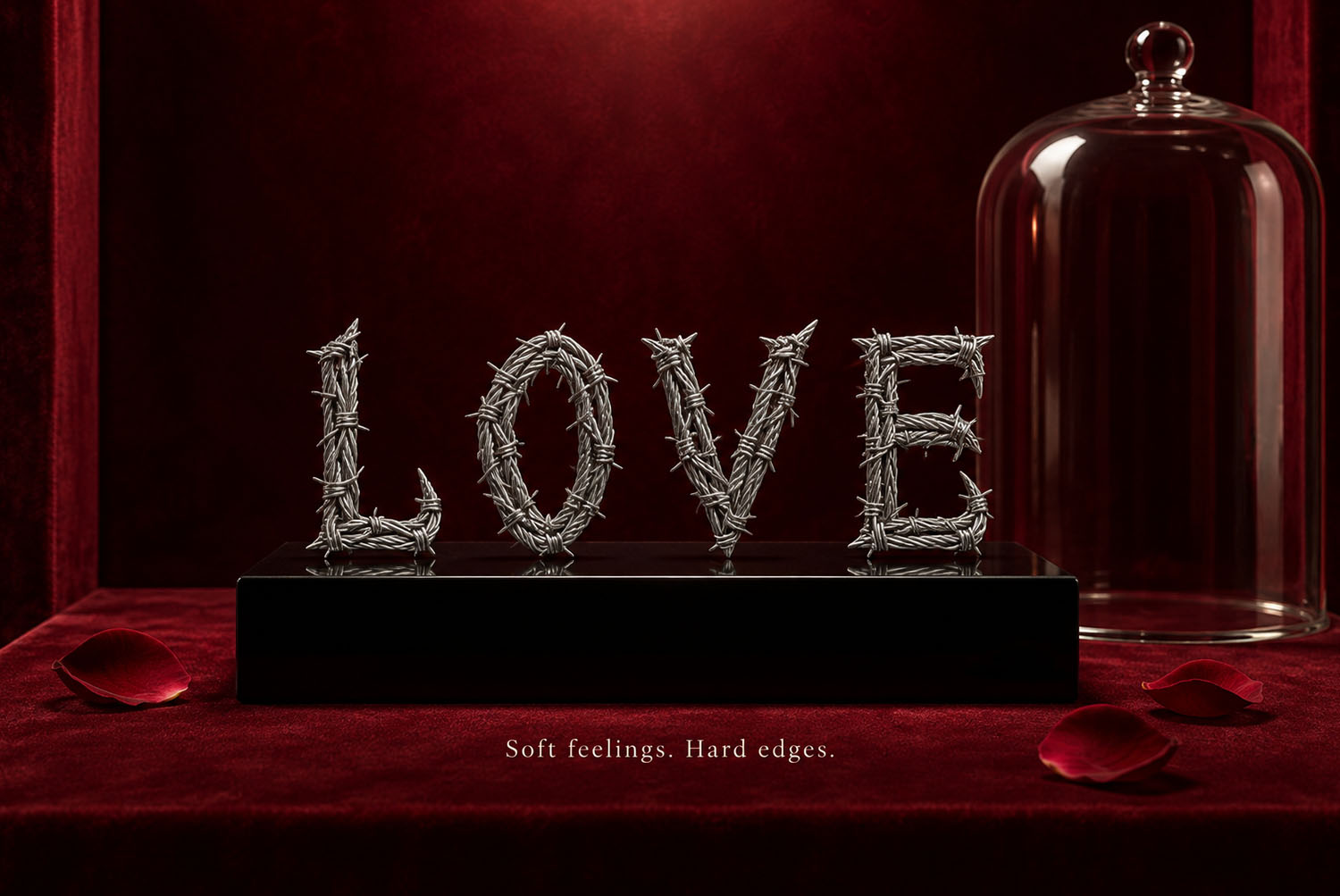Gothic Barbed Wire Font Spelling LOVE Under Glass Gothic Barbed Wire Font spelling LOVE under a glass cloche on red velvet