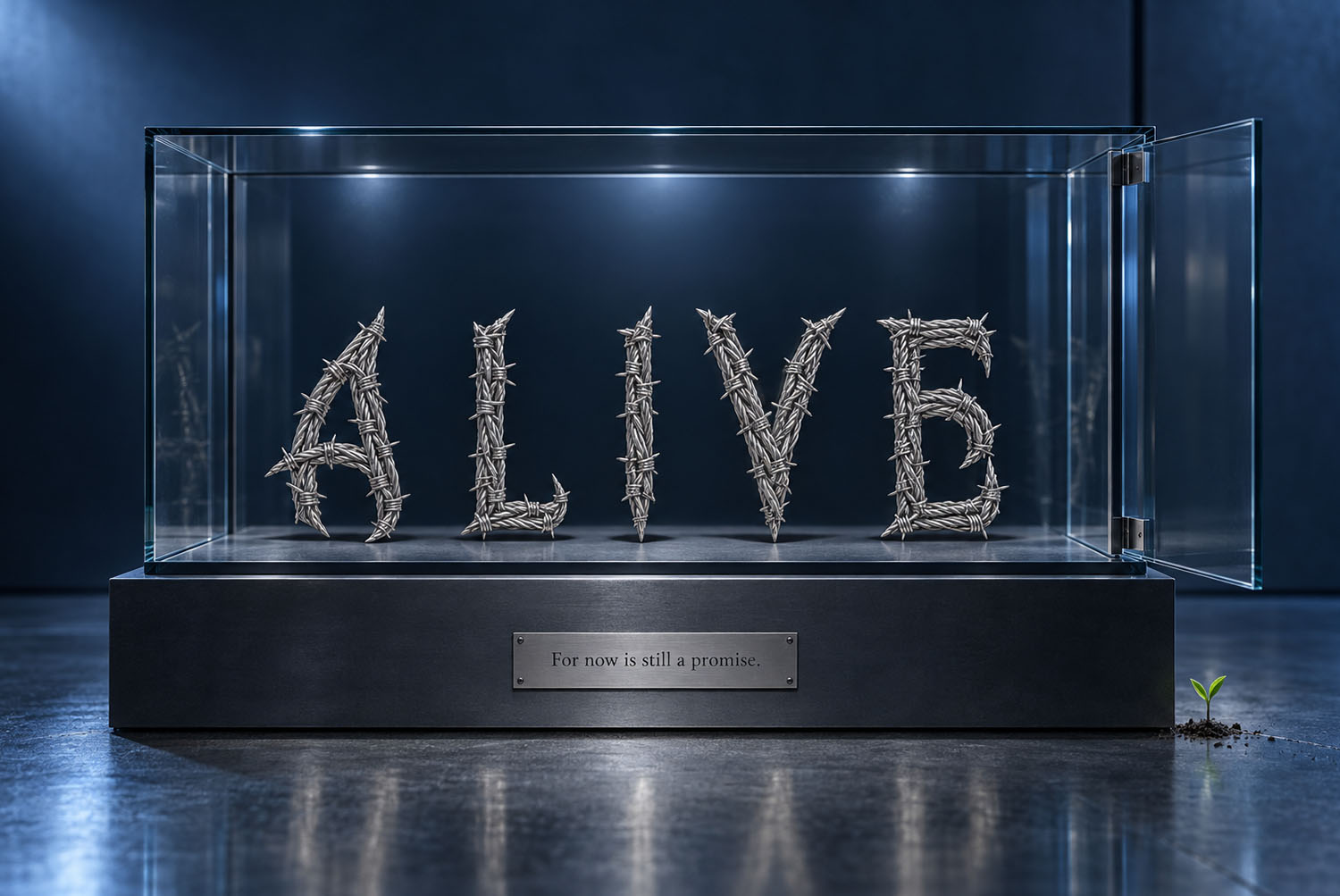 Gothic Barbed Wire Font Spelling ALIVE in a Vitrine Gothic Barbed Wire Font spelling ALIVE inside a lit glass vitrine