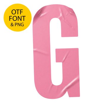 Letter G of the Pink Sticker Font on a light square with the OTF and PNG badge
