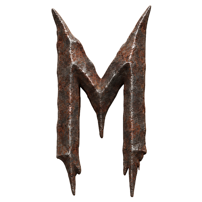 Rusted iron letter M of the Gothic Rust Font with long spiked serifs