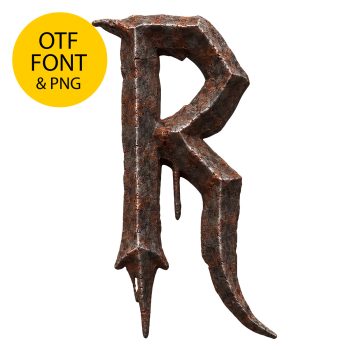 Rusted iron letter R of the Gothic Rust Font on a white square with the OTF and PNG badge