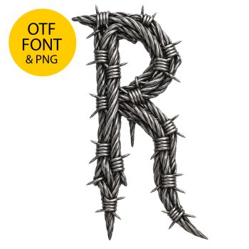 Letter R of the Gothic Barbed Wire Font on a light square with the OTF and PNG badge