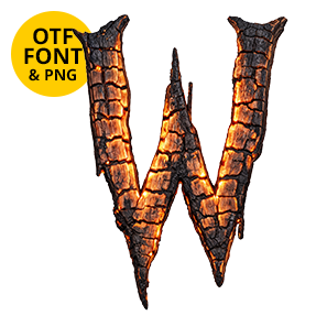 Charred glowing letter W of the Burn Hell Font on a transparent background with the OTF and PNG badge