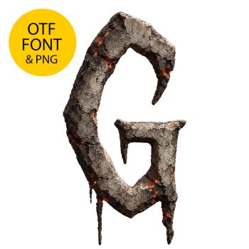 Letter G of the Burnt Relics Font on a light square with the OTF and PNG badge