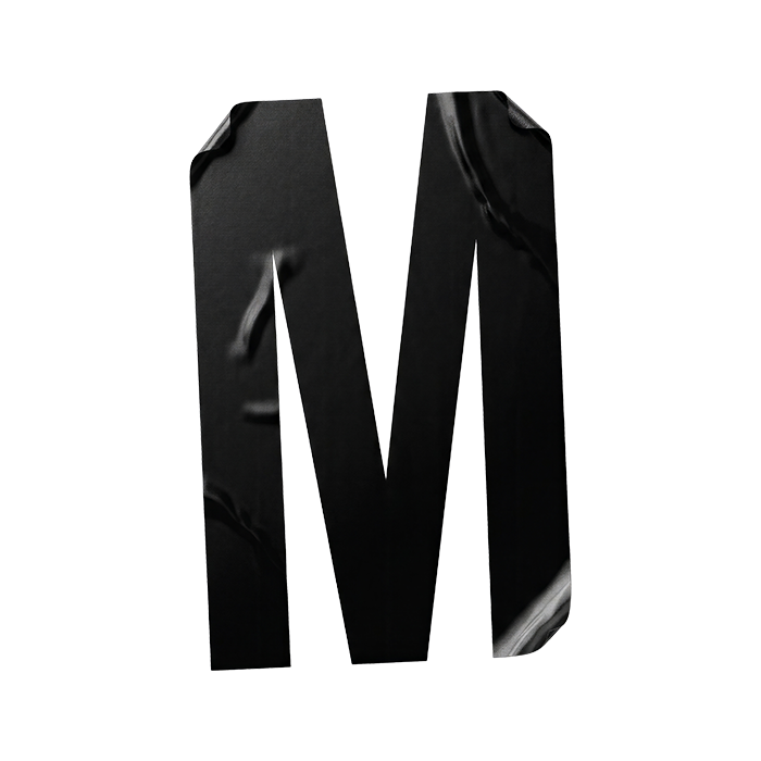 Letter M of the Noir Sticker Font with a lifted corner and glossy creases