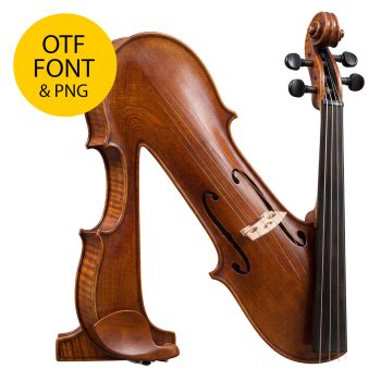 Letter N of the Violin Harmony Font on a light square with the OTF and PNG badge