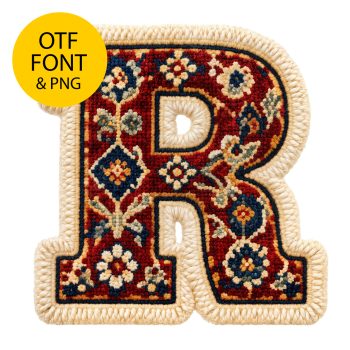 Letter R of the Woven Carpet Font on a light square with the OTF and PNG badge