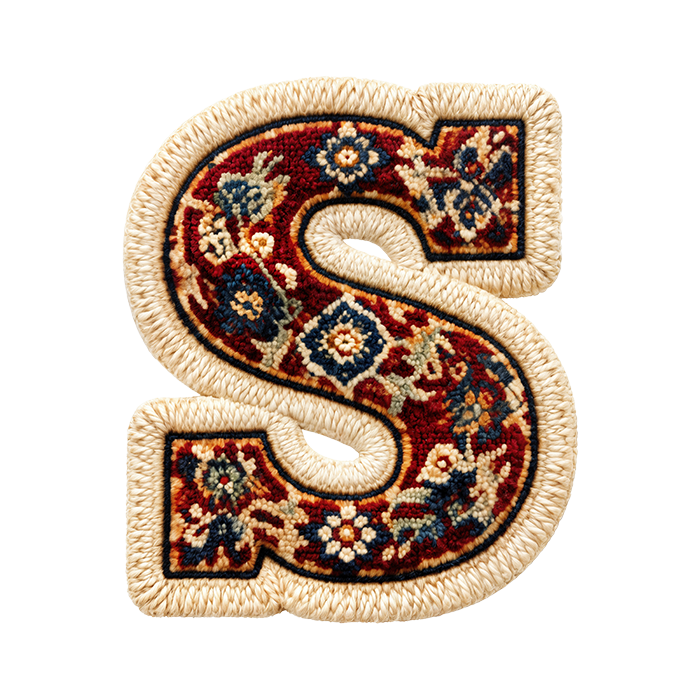 Letter S of the Woven Carpet Font showing red rug pile and a cream wool binding