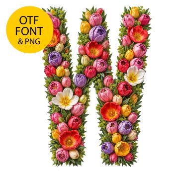 Letter W of the Tulip Font built from tulips and roses on a light square with the OTF and PNG badge