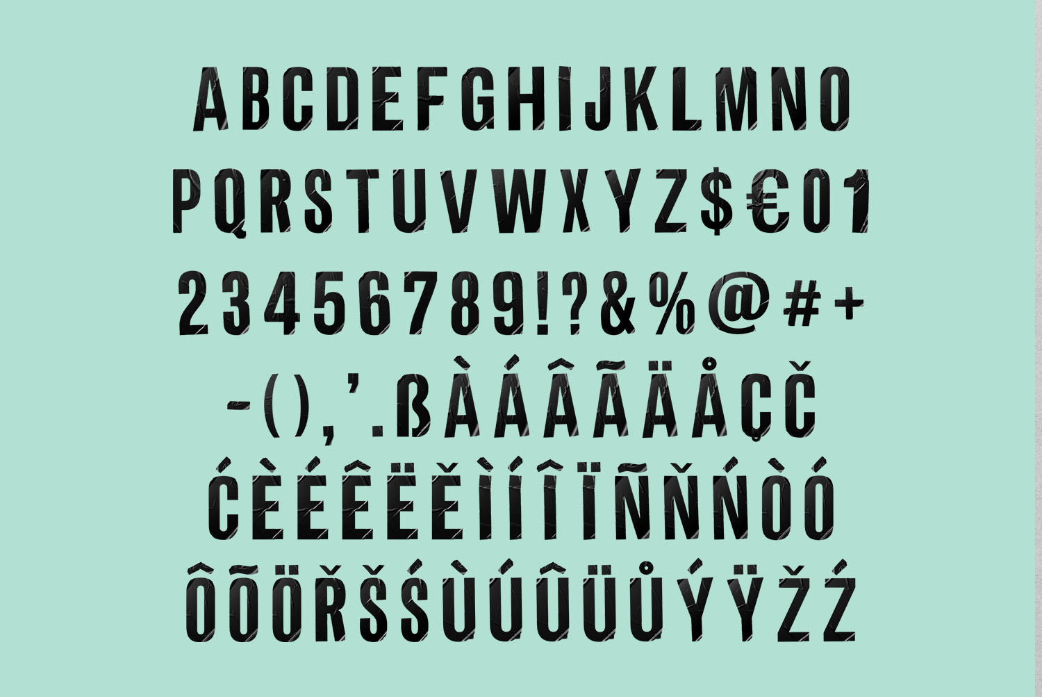 Noir Sticker Font Alphabet on Mint Noir Sticker Font alphabet, figures and accented capitals on a pale mint background