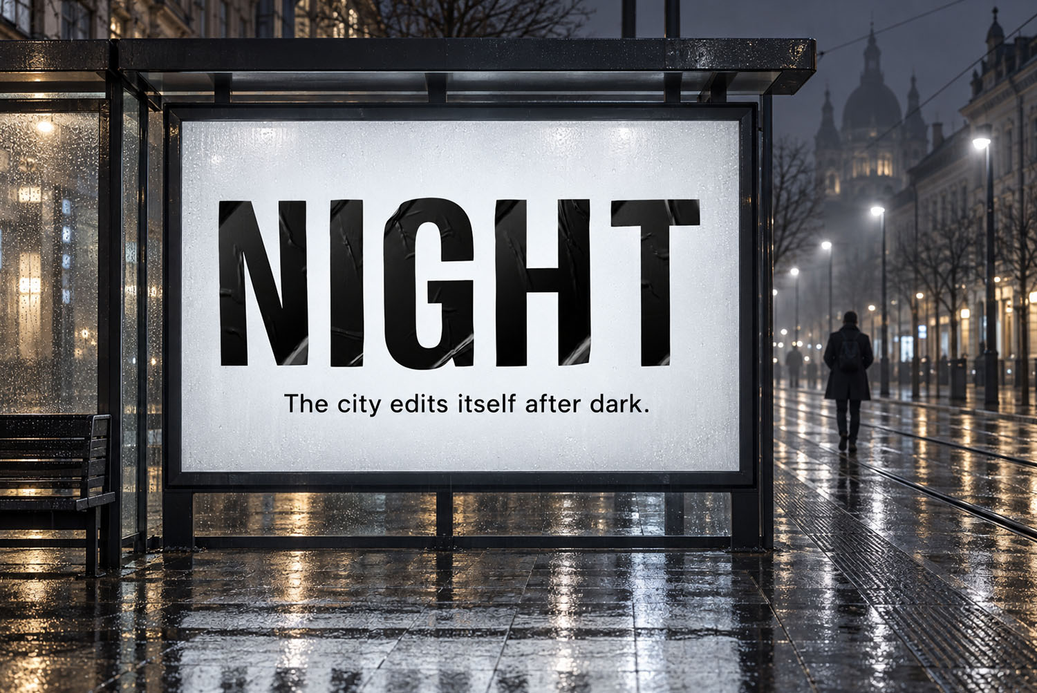 Noir Sticker Font NIGHT Billboard NIGHT in the Noir Sticker Font on a lit bus stop billboard on a wet city street