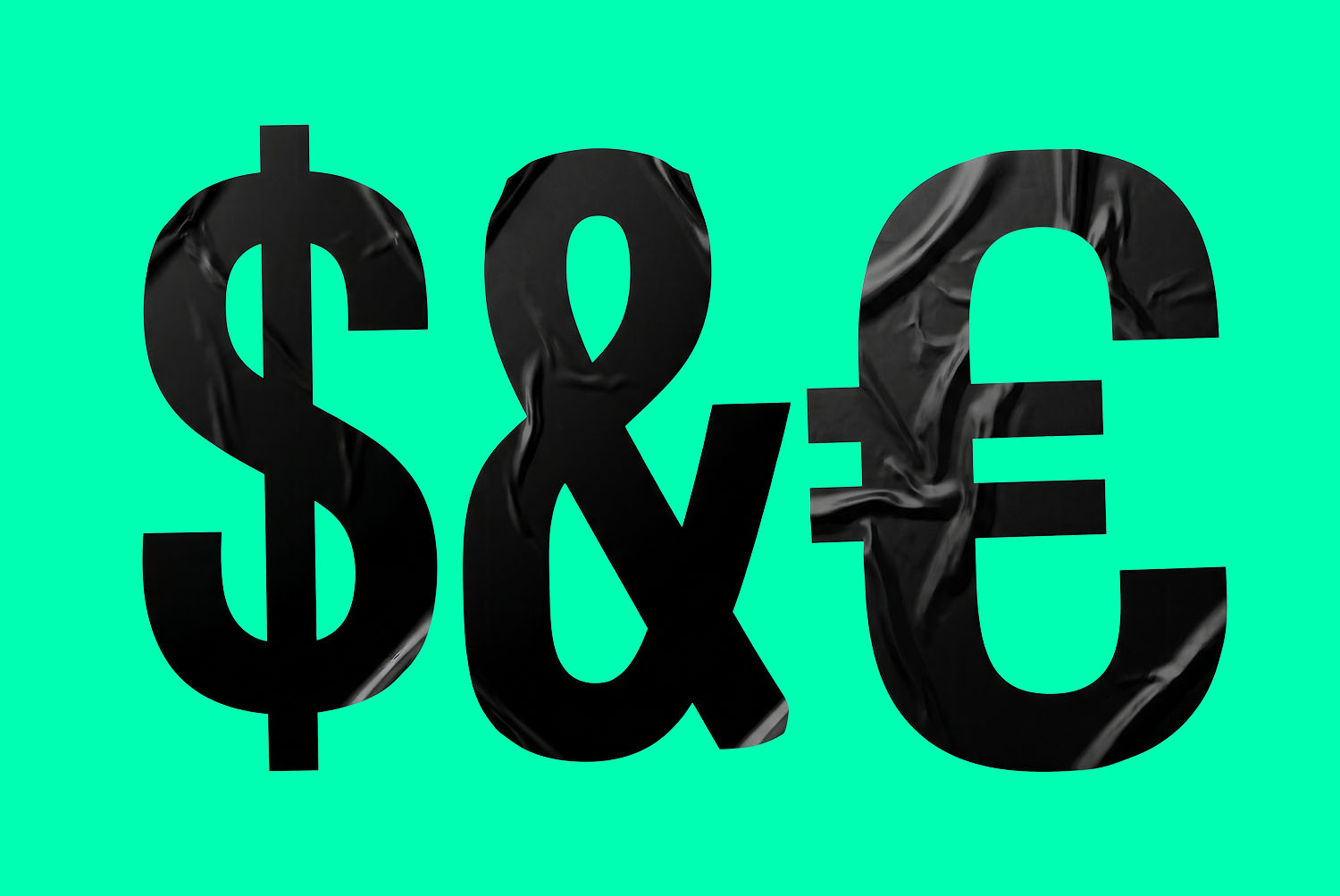 Noir Sticker Font Dollar, Ampersand and Euro Dollar, ampersand and euro signs from the Noir Sticker Font on a bright mint background
