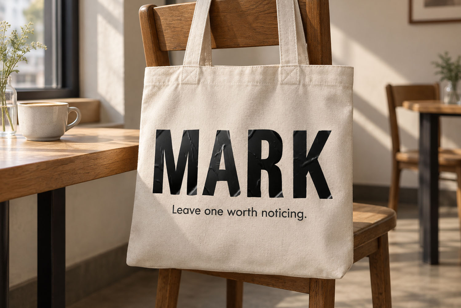 Noir Sticker Font MARK Tote Bag Canvas tote bag printed with MARK in the Noir Sticker Font hanging on a café chair