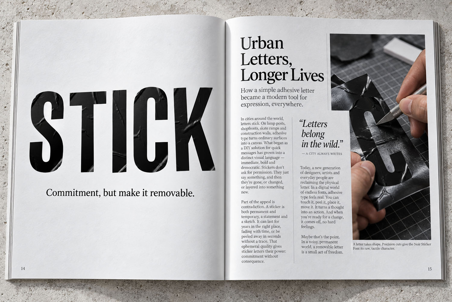 Noir Sticker Font STICK Magazine Spread Magazine spread with the headline STICK set in the Noir Sticker Font