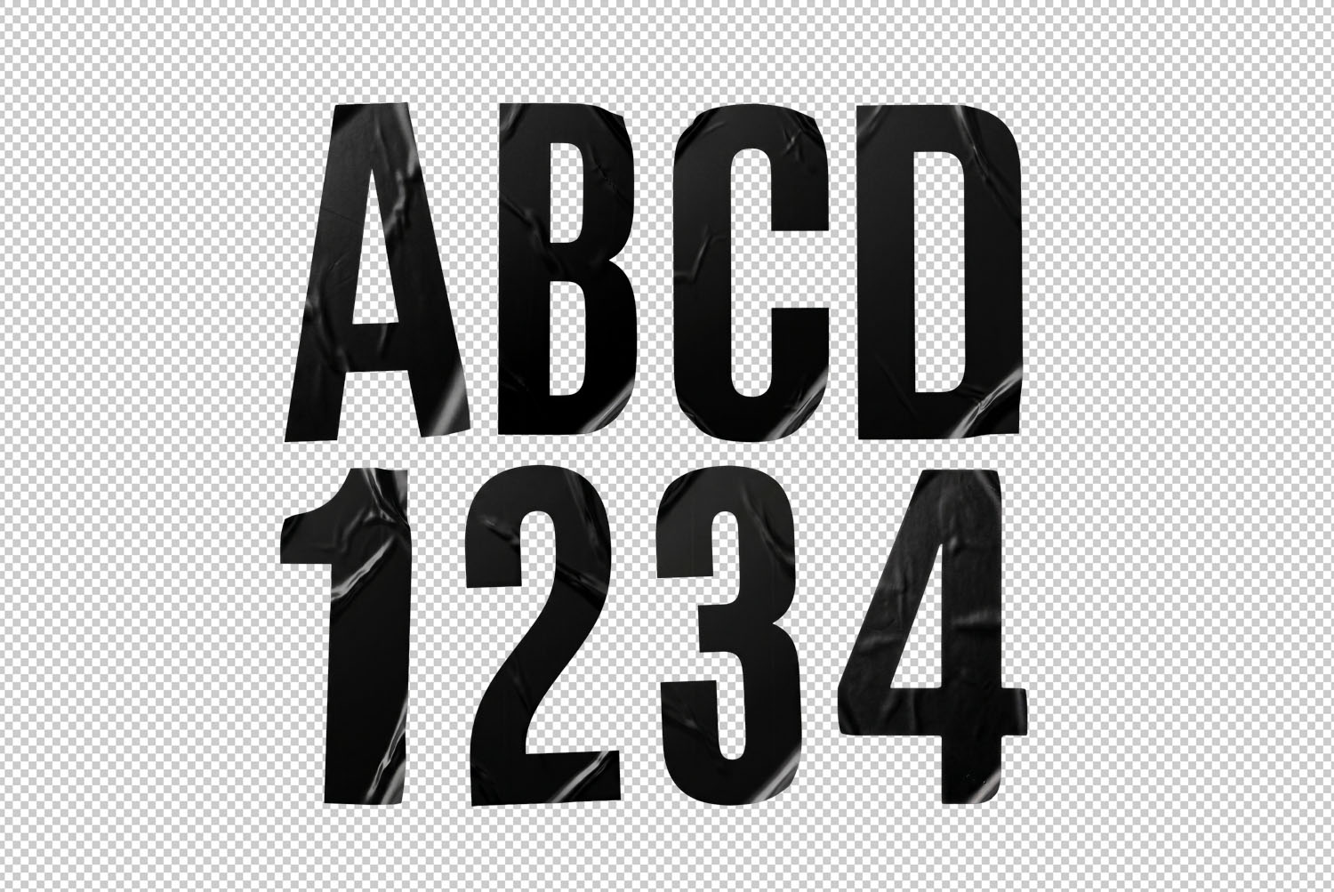 Noir Sticker Font PNG Letters Transparent PNG letters A B C D and figures 1 2 3 4 from the Noir Sticker Font