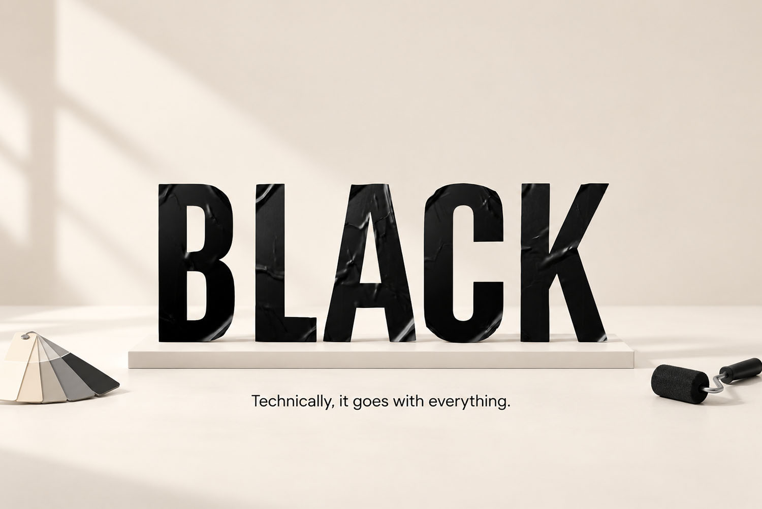 Noir Sticker Font BLACK on a Shelf BLACK in the Noir Sticker Font standing on a pale shelf beside a paint roller