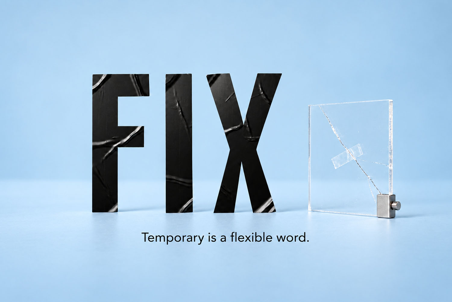 Noir Sticker Font FIX With Cracked Glass FIX in the Noir Sticker Font next to a taped cracked glass pane on light blue