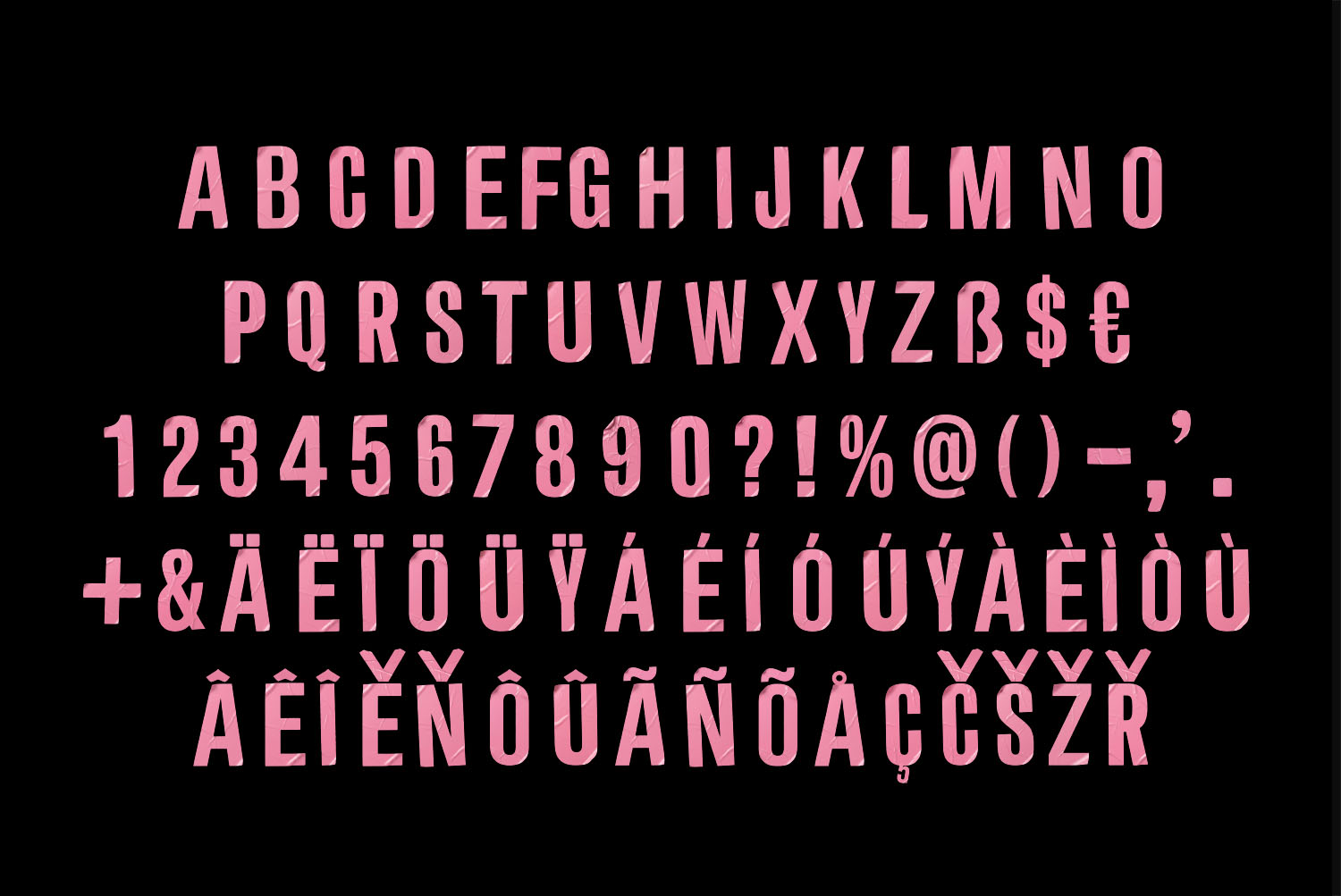 Pink Sticker Font Full Character Set Full character set of the Pink Sticker Font with capitals, numerals and accents on black