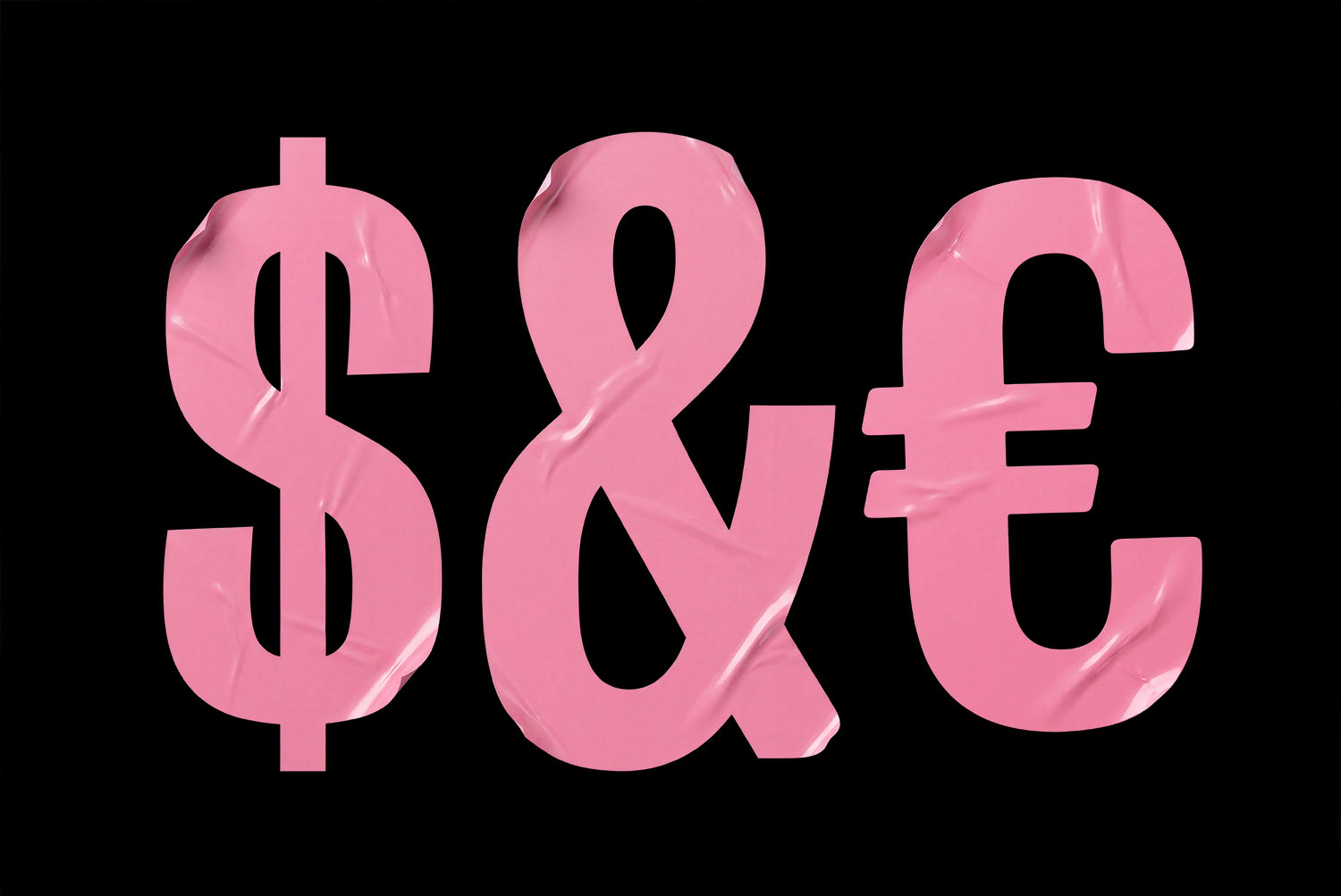 Pink Sticker Font Currency and Ampersand Dollar sign, ampersand and euro sign of the Pink Sticker Font in creased pink vinyl